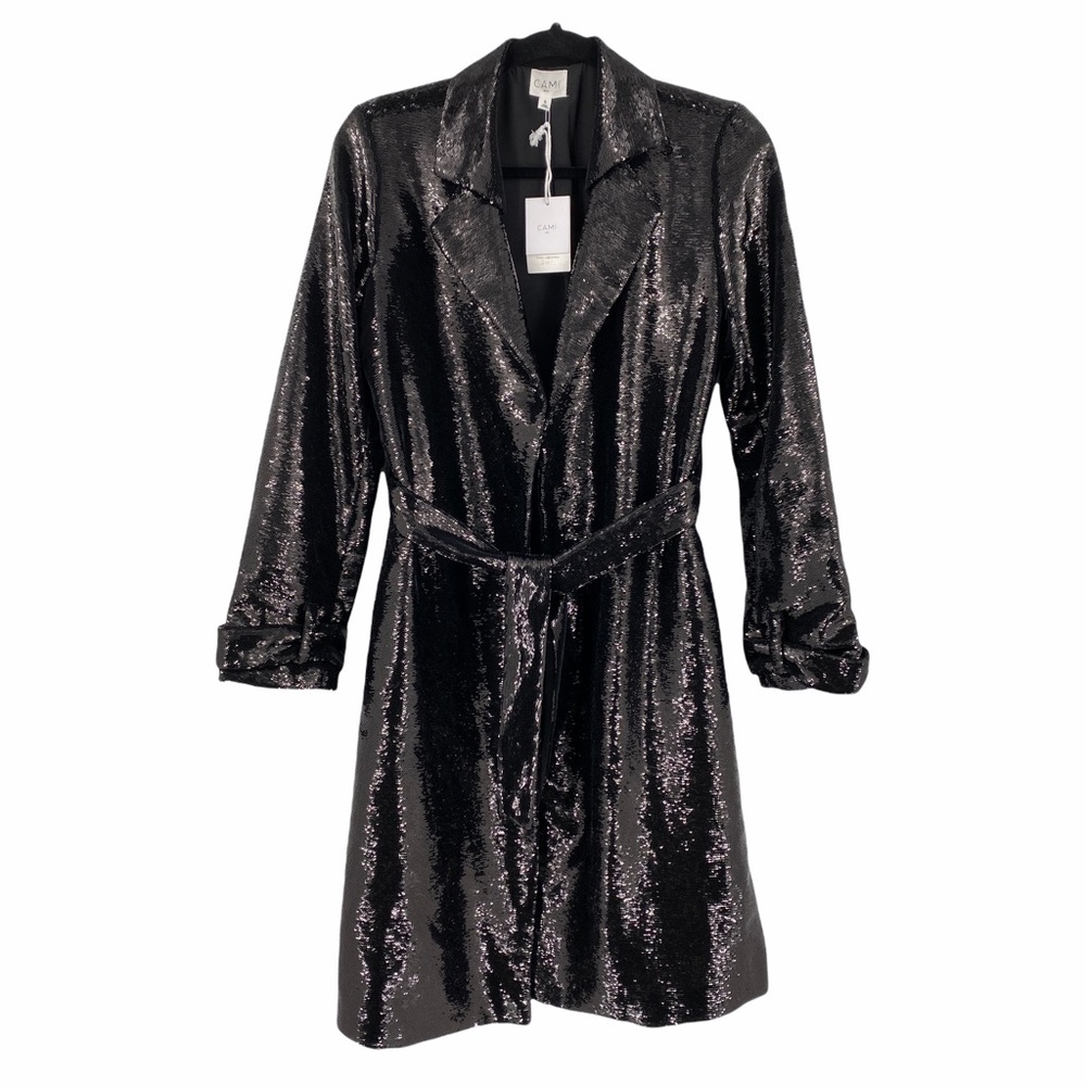🔥Cami NYC The Kyra Black Sequin Belted Long Coat🔥